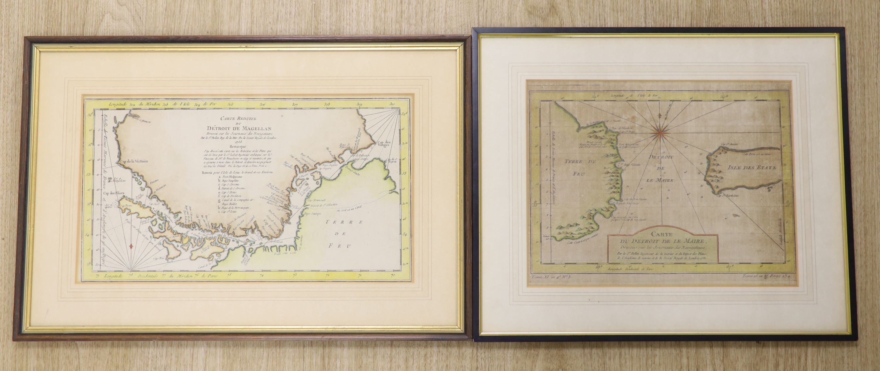 18th century French School, coloured engraving, Map of the Straits of Magellan, 19.5 x 35cm and a Map of the Strait of Maire, 21 x 28cm
